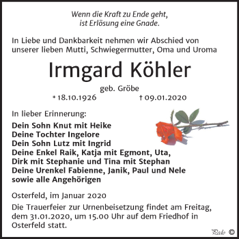 Traueranzeige von Irmgard Köhler von Super Sonntag Zeitz