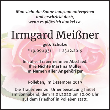 Traueranzeige von Irmgard Meißner von Super Sonntag Mansfelder Land