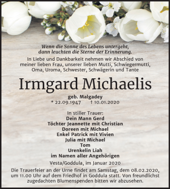 Traueranzeige von Irmgard Michaelis von Mitteldeutsche Zeitung Merseburg/Querfurt