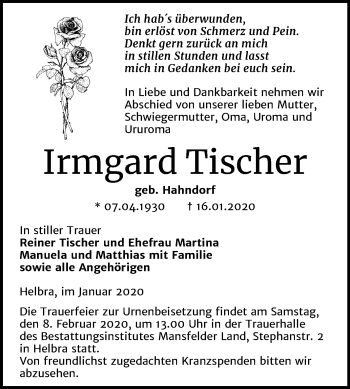 Traueranzeige von Irmgard Tischer von Wochenspiegel Mansfelder Land