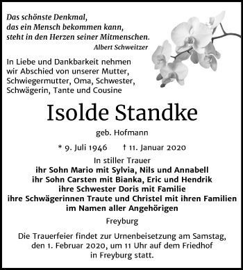 Traueranzeige von Isolde Standke von Wochenspiegel Naumburg/Nebra