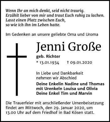Traueranzeige von Jenni Große von Mitteldeutsche Zeitung Naumburg/Nebra