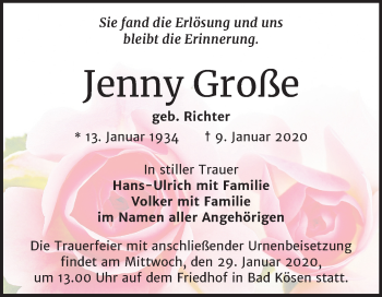 Traueranzeige von Jenny Große von Wochenspiegel Naumburg/Nebra