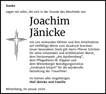 Traueranzeige von Joachim Jänicke von Super Sonntag Wittenberg