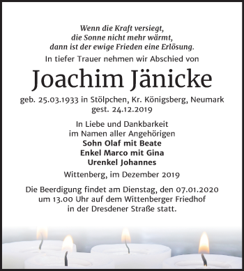 Traueranzeige von Joachim Jänicke von Super Sonntag Wittenberg