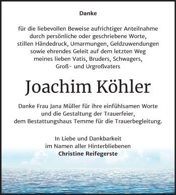 Traueranzeige von Joachim Köhler von Mitteldeutsche Zeitung Bitterfeld