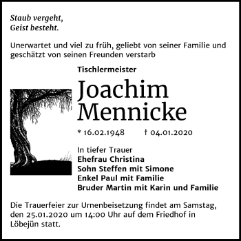Traueranzeige von Joachim Mennicke von Mitteldeutsche Zeitung Aschersleben / Bernburg / Halle/Saalkreis