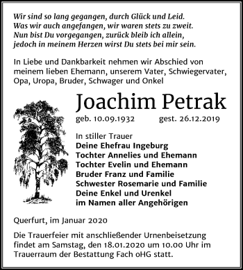 Traueranzeige von Joachim Petrak von Mitteldeutsche Zeitung Merseburg/Querfurt