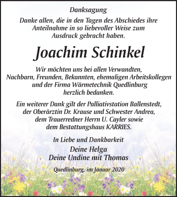 Traueranzeige von Joachim Schinkel von Super Sonntag Quedlinburg