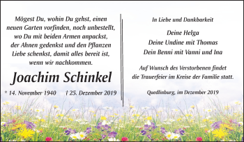 Traueranzeige von Joachim Schinkel von Super Sonntag Quedlinburg