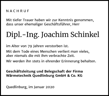 Traueranzeige von Joachim Schinkel von Super Sonntag Quedlinburg