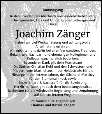 Traueranzeige von Joachim Zänger von Mitteldeutsche Zeitung Dessau-Roßlau