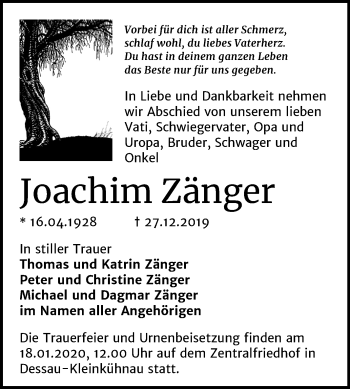 Traueranzeige von Joachim Zänger von Super Sonntag Dessau-Roßlau