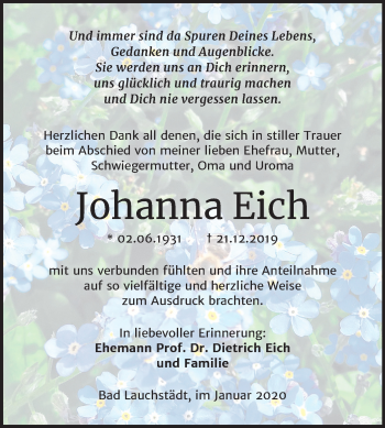 Traueranzeige von Johanna Eich von Mitteldeutsche Zeitung Merseburg/Querfurt
