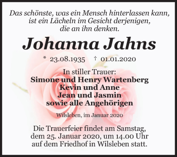 Traueranzeige von Johanna Jahns von Super Sonntag Aschersleben