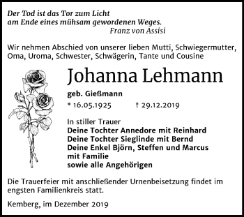 Traueranzeige von Johanna Lehmann von Mitteldeutsche Zeitung Wittenberg