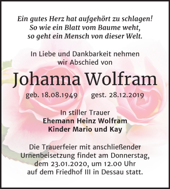 Traueranzeige von Johanna Wolfram von Mitteldeutsche Zeitung Dessau-Roßlau