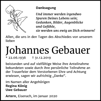 Traueranzeige von Johannes Gebauer von Super Sonntag Sangerhausen