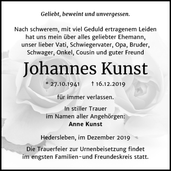 Traueranzeige von Johannes Kunst von Super Sonntag Mansfelder Land