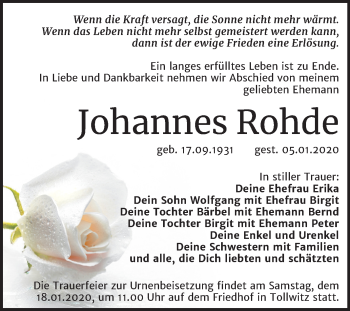 Traueranzeige von Johannes Rohde von Super Sonntag Merseburg/Querfurt