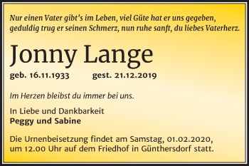 Traueranzeige von Jonny Lange von Mitteldeutsche Zeitung Merseburg/Querfurt