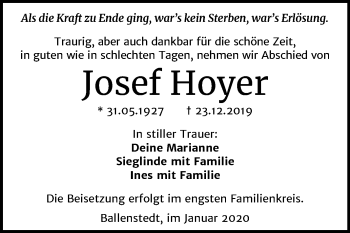 Traueranzeige von Josef Hoyer von Super Sonntag Quedlinburg