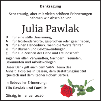 Traueranzeige von Julia Pawlak von Mitteldeutsche Zeitung Köthen