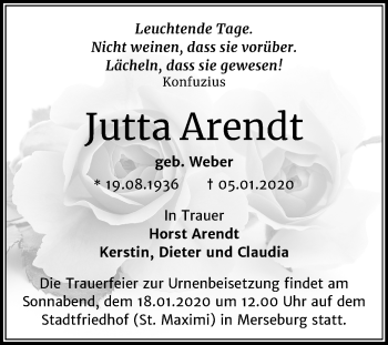 Traueranzeige von Jutta Arendt von Super Sonntag Merseburg/Querfurt