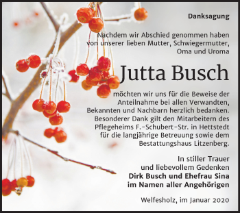 Traueranzeige von Jutta Busch von Mitteldeutsche Zeitung Mansfelder Land