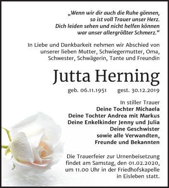 Traueranzeige von Jutta Herning von Mitteldeutsche Zeitung Mansfelder Land
