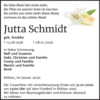 Traueranzeige von Jutta Schmidt von Mitteldeutsche Zeitung Köthen