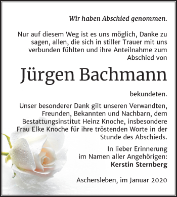Traueranzeige von Jürgen Bachmann von Mitteldeutsche Zeitung Aschersleben