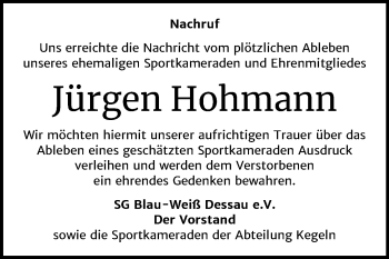 Traueranzeige von Jürgen Hohmann von Super Sonntag Dessau-Roßlau