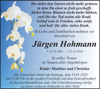 Traueranzeige von Jürgen Hohmann von Super Sonntag Dessau-Roßlau