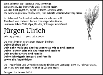 Traueranzeige von Jürgen Ulrich von Mitteldeutsche Zeitung Köthen