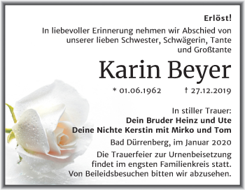 Traueranzeige von Karin Beyer von Super Sonntag Merseburg/Querfurt