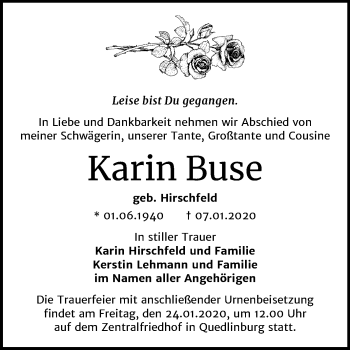 Traueranzeige von Karin Buse von Mitteldeutsche Zeitung Quedlinburg
