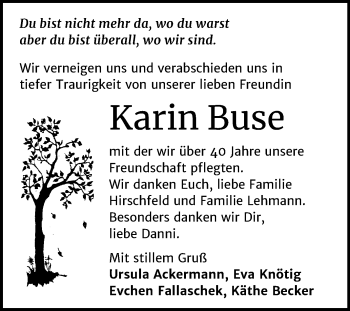 Traueranzeige von Karin Buse von Mitteldeutsche Zeitung Quedlinburg