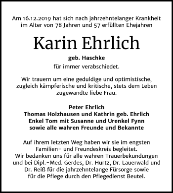 Traueranzeige von Karin Ehrlich von Mitteldeutsche Zeitung Halle/Saalkreis
