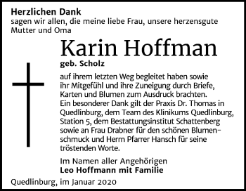 Traueranzeige von Karin Hoffman von Super Sonntag Quedlinburg