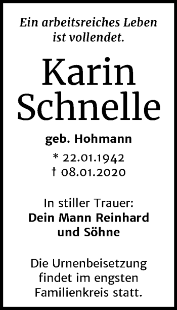 Traueranzeige von Karin Schnelle von Mitteldeutsche Zeitung Halle/Saalkreis
