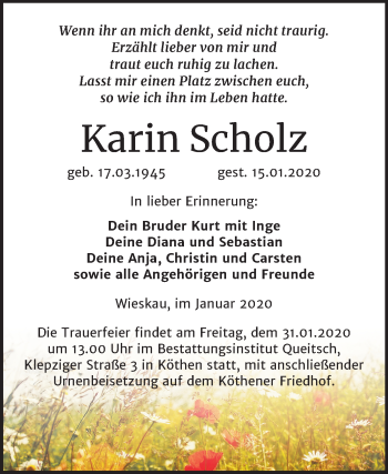 Traueranzeige von Karin Scholz von Mitteldeutsche Zeitung Köthen