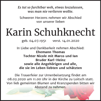 Traueranzeige von Karin Schuhknecht von Mitteldeutsche Zeitung Zeitz