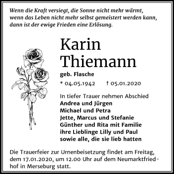 Traueranzeige von Karin Thiemann von Mitteldeutsche Zeitung Merseburg/Querfurt