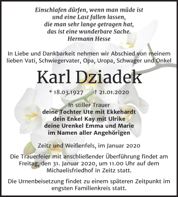 Traueranzeige von Karl Dziadek von Super Sonntag Zeitz