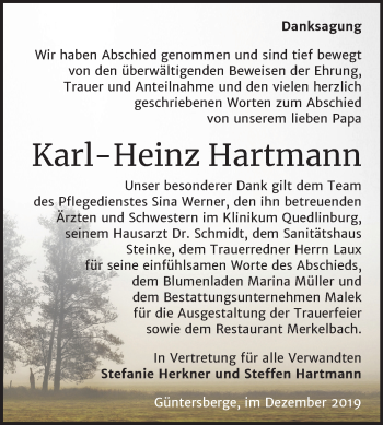 Traueranzeige von Karl-Heinz Hartmann von Wochenspiegel Quedlinburg