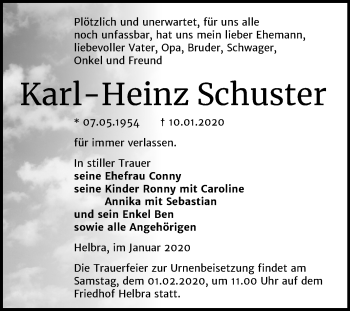 Traueranzeige von Karl-Heinz Schuster von Mitteldeutsche Zeitung Mansfelder Land