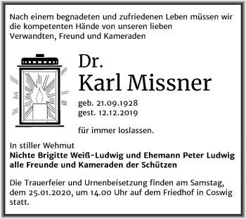 Traueranzeige von Karl Missner von Mitteldeutsche Zeitung Wittenberg