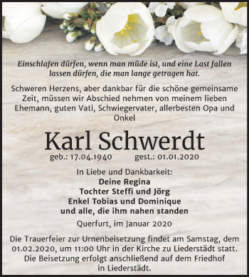 Traueranzeige von Karl Schwerdt von Mitteldeutsche Zeitung Merseburg/Querfurt