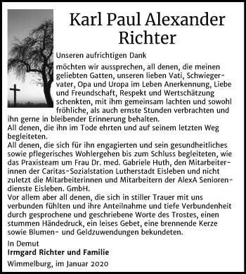 Traueranzeige von Karl Paul Alexander Richter von Mitteldeutsche Zeitung Mansfelder Land
